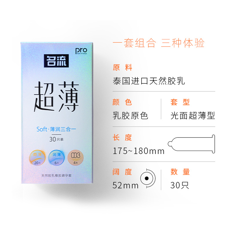 【薄润三合一】名流避孕套30只装 隐薄避孕套20只+润薄避孕套6只+003避孕套4只